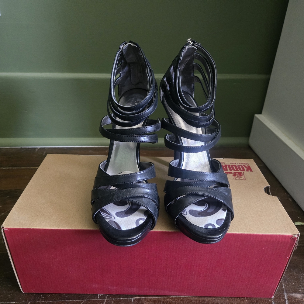 Black Glossy Strappy Heels with Ankle Straps